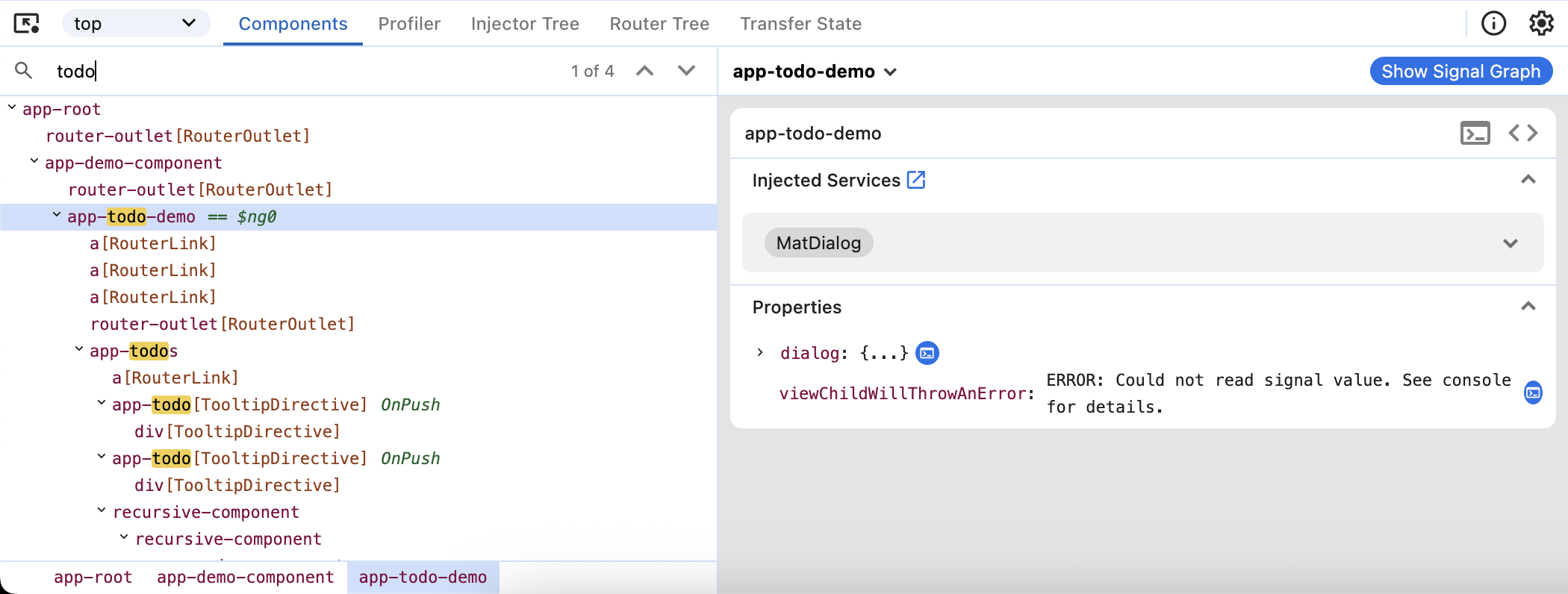 「Components」タブのスクリーンショット。タブのすぐ下にあるフィルタバーは「todo」を検索しており、「todo」が名前にあるすべてのコンポーネントがツリー内で強調表示されています。`app-todos`が現在選択されており、右側のサイドバーにコンポーネントのプロパティに関する情報が表示されます。これには、`@Output`フィールドのセクションと、他のプロパティのセクションが含まれます。
